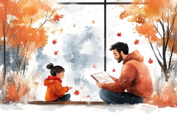 A watercolor illustration of a father reading to his young daughter by the window. The scene is set in autumn, with orange and brown leaves falling outside the window, creating a cozy atmosphere.