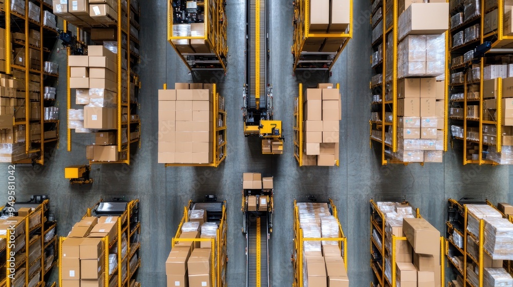 Poster aerial view of large-scale warehouse operations with conveyor systems