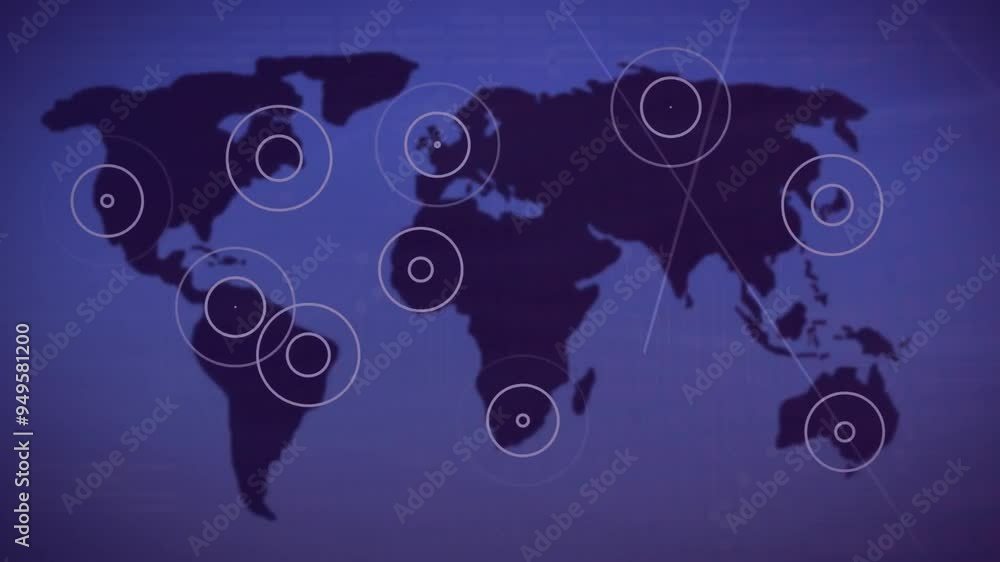 Poster animated world map with target circles showing global locations