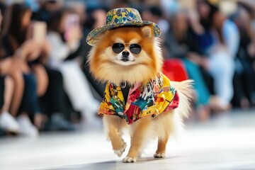 A fluffy, cute dog struts confidently on the catwalk, wearing a colorful outfit and sunglasses, captivating the audience at a fashion show