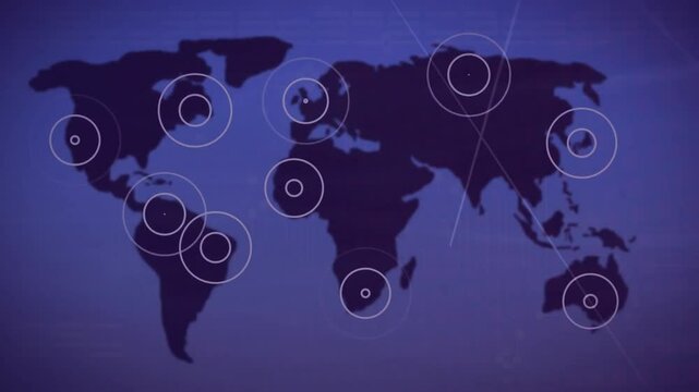 Animated world map with target circles showing global locations