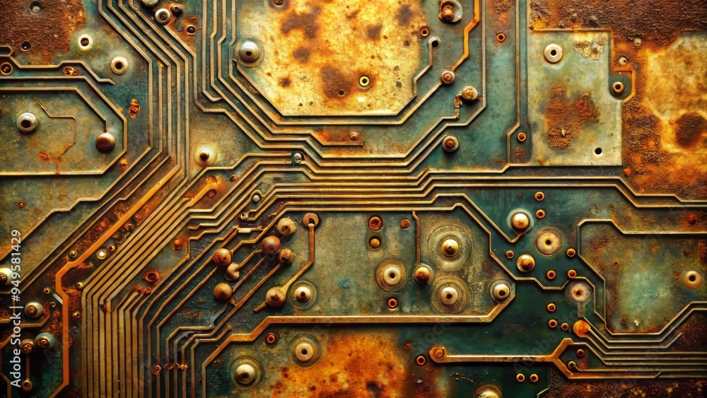Poster photo image of intricate circuit board with a tactile, worn-in texture, overlaid with rust spots and
