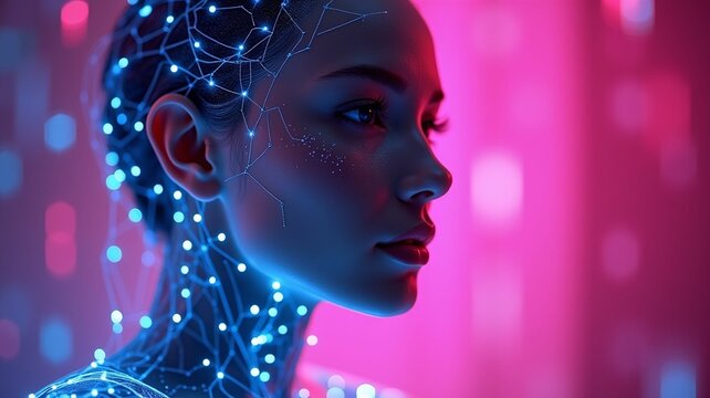 Beautiful close up portrait of female humanoid, digital artificial intelligence concept. Pink and blue neon background.