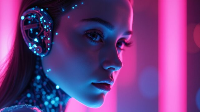 Beautiful close up portrait of female humanoid, digital artificial intelligence concept. Pink and blue neon background.