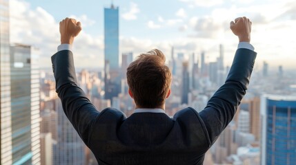 Businessman in a victorious pose with arms up in front of a city skyline