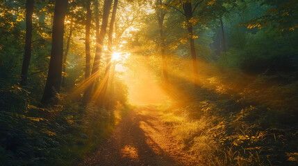 Fototapeta premium Radiant golden hour sunbeams illuminating a quiet forest path, nature's glowtime, peaceful and inspiring landscape