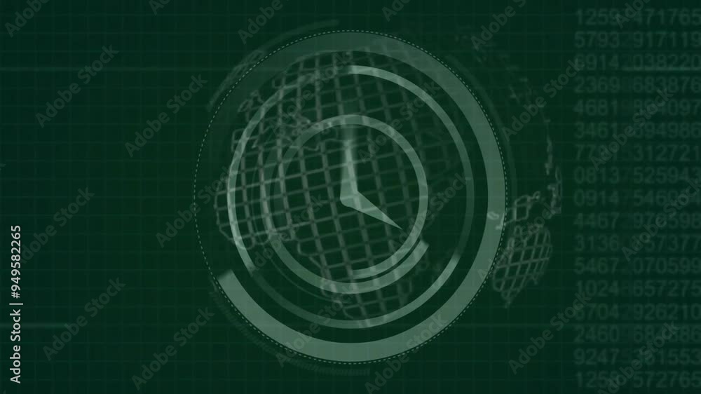 Poster rotating radar animation with grid and numerical data on green background
