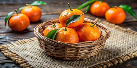 Photo image of a small, glossy, orange-colored satsuma Mandarin orange fruit on a woven vintage-style basket with a hint of rustic weathered texture.
