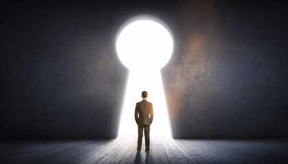 Obraz premium Back view of businessman standing in abstract key opening in wall with bright light and mock up place