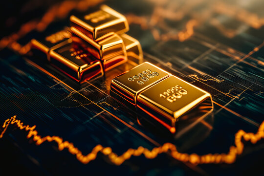 Lingots d'or et courbe de croissance de la bourse, concept de b&eacute;n&eacute;fice