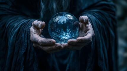 A close-up of a witch�s hand holding a crystal ball