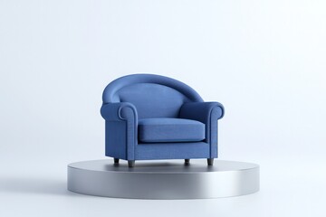 Digital minimalist depiction of a cobalt blue armchair on a silver base, white background focus.