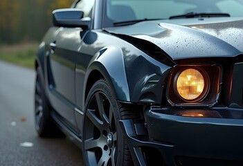 a black car with a damaged hood and the front bumper is partially covered in rain.
