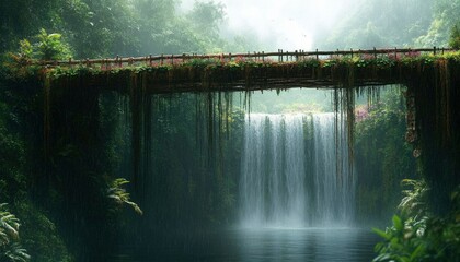 Lush Rainforest Waterfall with a Wooden Bridge