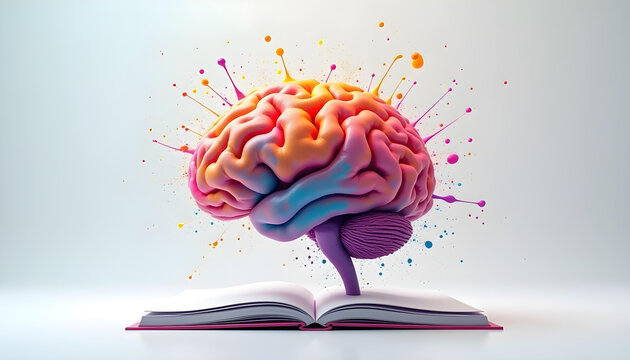 Colorful Brain Exploding Out of an Open Book, Conceptual Art of brain and books