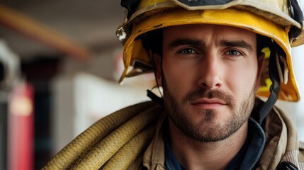 Fototapeta premium Firefighter hero in a dramatic pose with fire hose coiled over shoulder