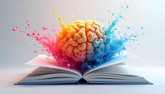 A Brain Exploding Out of an Open Book with Colorful Paint Splashes, Conceptual Art of brain and books