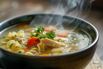 A steaming bowl of chicken noodle soup placed on a wooden table, Steaming bowl of comforting chicken noodle soup