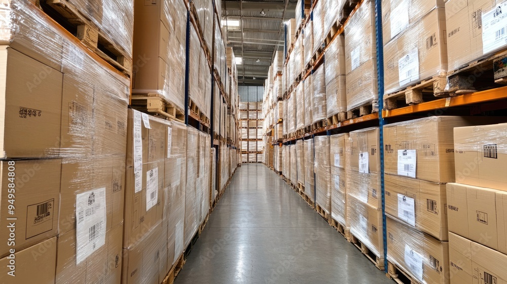 Poster efficient warehouse management with organized pallets and crates