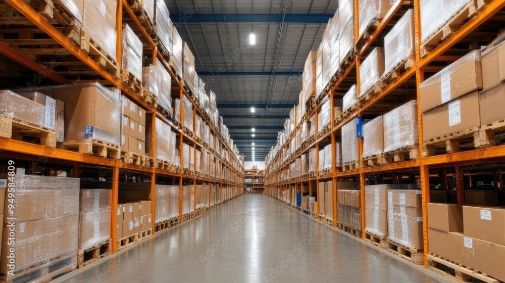 Poster efficient warehouse management with organized pallets and crates