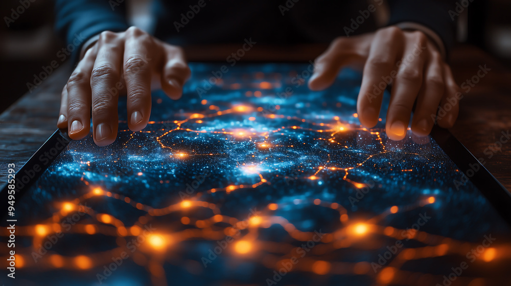 Poster hands interacting with futuristic digital network interface