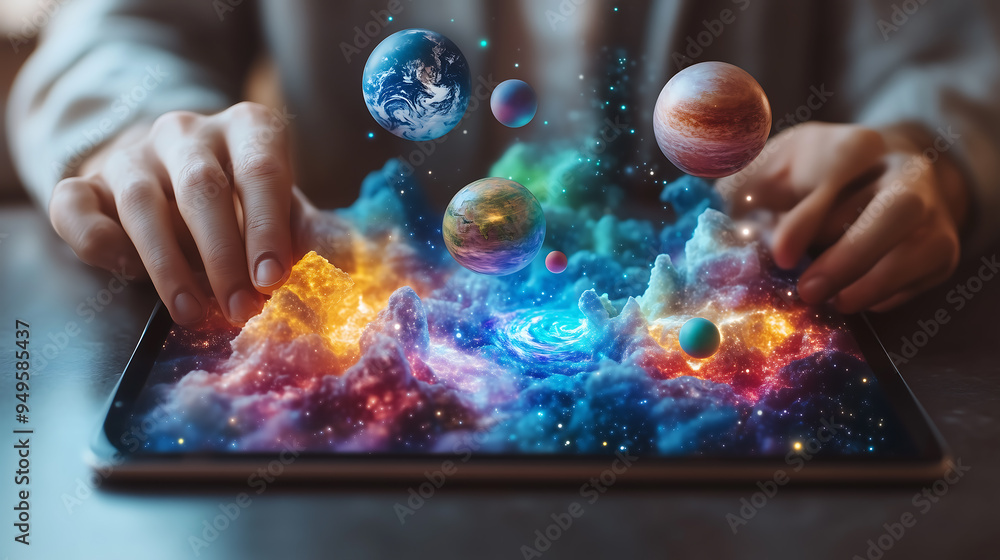 Poster hands interacting with tablet projecting planets and nebula