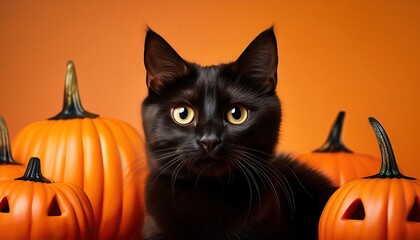 Cute black cat on an orange halloween style background with pumpkins