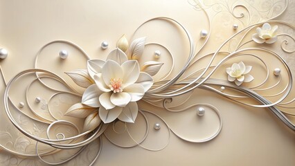 A photo image of a delicate jasmine flower entwined with intricate patterns of swirling silver threads on a soft, cream-colored background.