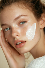 A beautiful European woman is applying face cream for an advertisement.