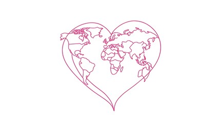 Earth globe continuous line drawing of the heart shape. Love world map one line art. Vector illustration isolated on white. 