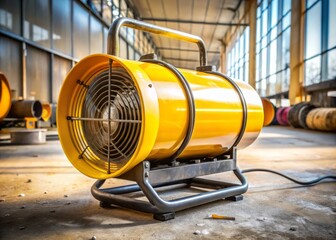 a photo image of a yellow, fuel-powered construction heater with a metal handle and a cylindrical body in a dusty construction yard.