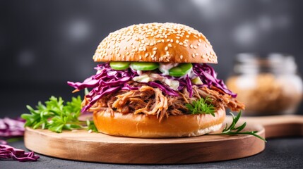 Close-up of a Delicious Pulled Pork Burger with Coleslaw and Cucumber
