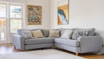 Bright living room interior with a grey corner couch, three patterned pillows, painting
