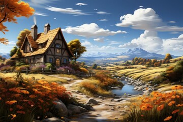 Fototapeta premium Charming Countryside Landscape with Rustic Cottages, Vibrant Wildflowers, Flowing Streams, and Majestic Mountain Views Under a Clear Blue Sky