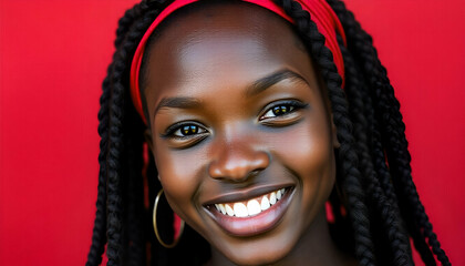 A young Black woman with braided hair and a red headband, smiling against a red background