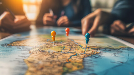 Explorers discussing travel plans while marking destinations on a detailed map of Africa during an afternoon session