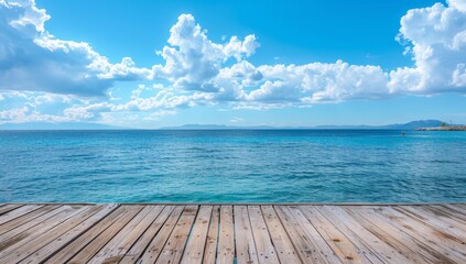 Fototapeta premium Wooden Dock Overlooking a Blue Ocean and Distant Mountains Under a Clear Sky
