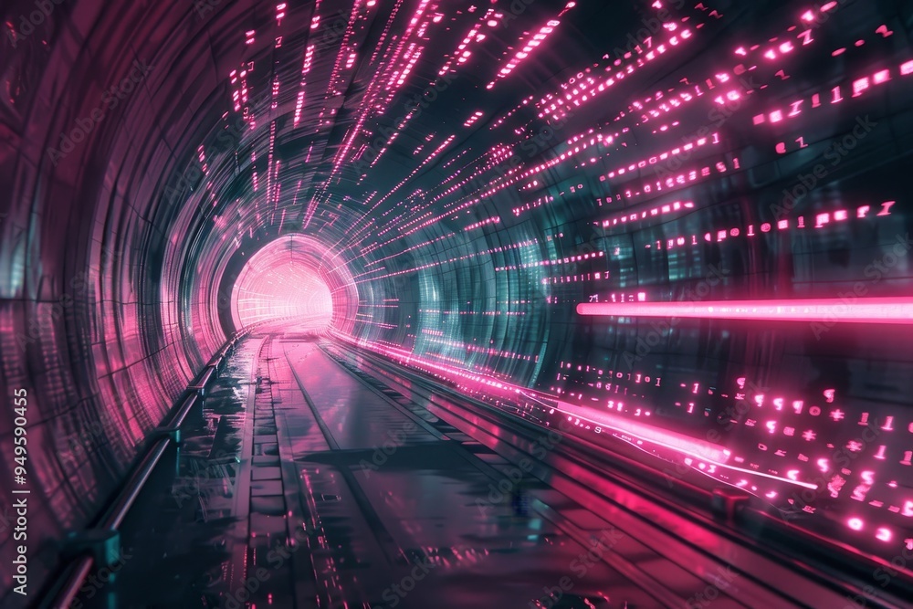 Poster a tunnel illuminated with numerous pink lights creating a vibrant and surreal atmosphere, streams of