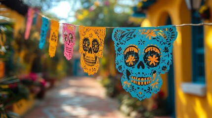 Mexican paper cut with skulls holiday flags. Papel picado. Festive garlands made of multicolored paper, flags in the form of skulls. Mexican day of the dead. Cinco de mayo, dia de los muertos.