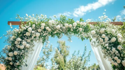 A dreamy outdoor wedding arch decorated with white flowers and greenery, set against a picturesque garden backdrop under a clear blue sky.