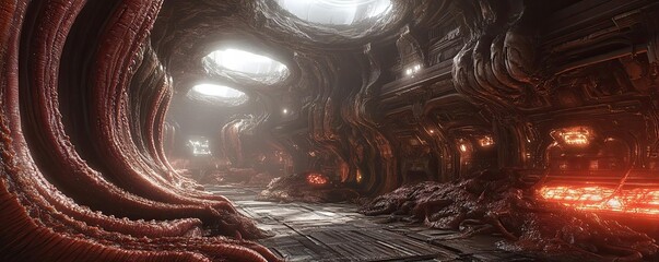 Fototapeta premium Alien hive interior, organic tunnels, pulsating walls, and lurking threats, 3D game design