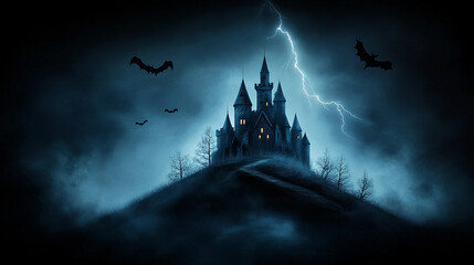 Fototapeta premium A dark, ominous castle atop hill with lightning striking, surrounded by bats and fog, creates haunting atmosphere.