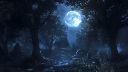 Fototapeta premium A full moon illuminating a haunted forest