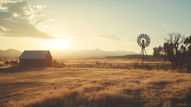 Rural sunset over a farm with a barn and windmill against a backdrop of mountains and open fields