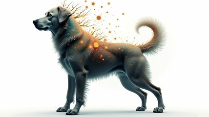 Fototapeta premium Hyperrealistic abstract portrait of a dog with glowing balls for eyes and intricate fractal patterns on a white background