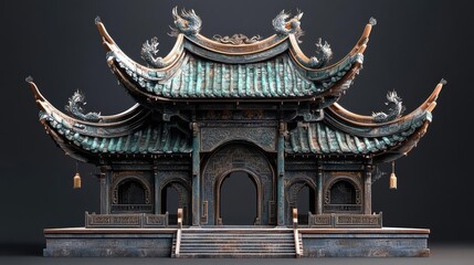 Naklejka premium Ancient Chinese pagoda, detailed roof tiles, and dragon motifs, 3D model
