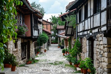 Fototapeta premium A cobblestone street lined with various potted plants under a clear sky, Strolling through quaint cobblestone streets of a charming village