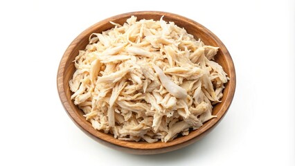 Boiled shredded chicken meat in wooden bowl on white background