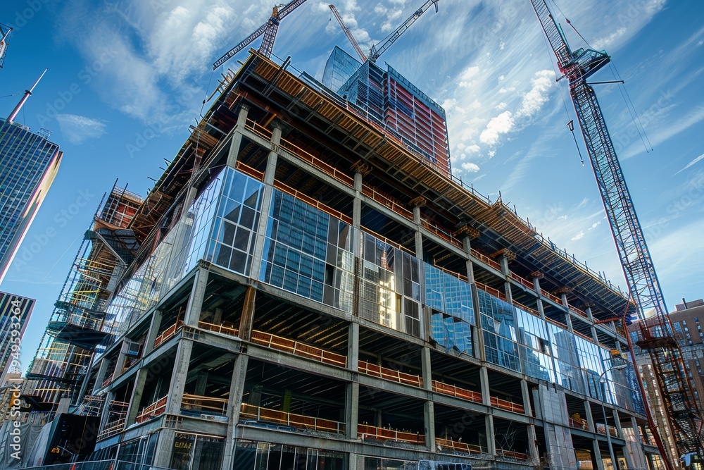 Poster a tall building in the process of construction, showcasing numerous windows and a modern architectur