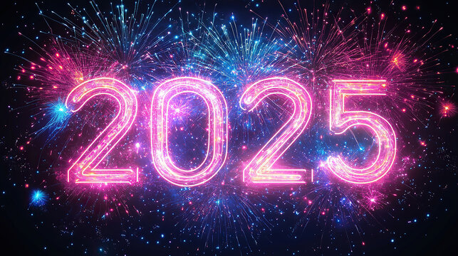 2025 Happy New year with sparlkers and fireworks, New year celebration